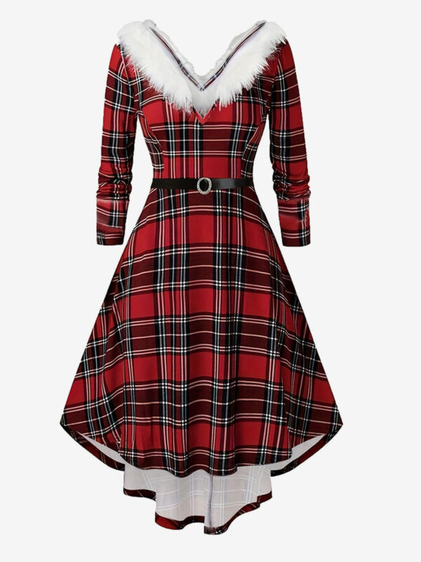 Vintage Scotland Dress V-Neck Feather Trim Belted High-Low Dresses