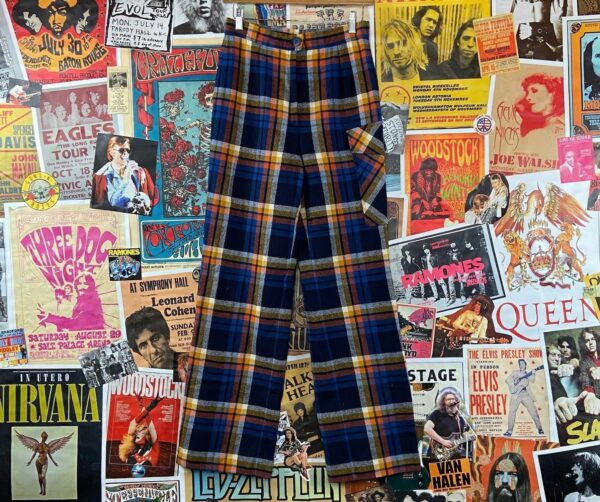 Vintage Women's 70S Blue Plaid High Rise Knockabouts By Pendleton Wool Cargo Flare Trousers 27x31, Retro Pants 27