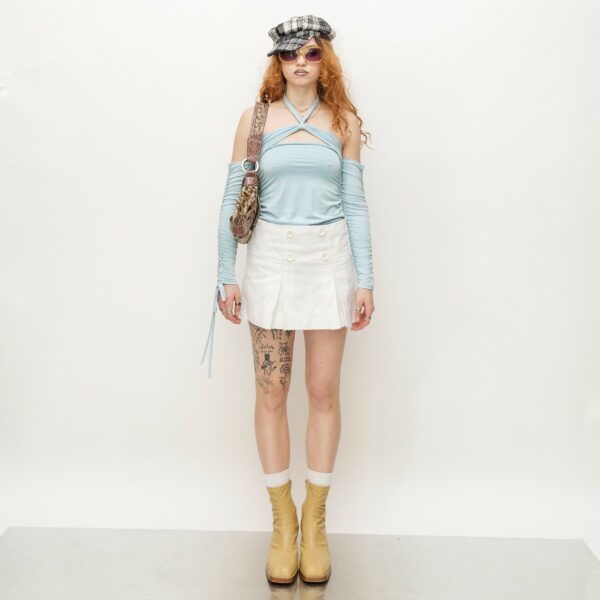 Vintage Y2K Iconic Pleated Mini Denim Skirt in Tennis White