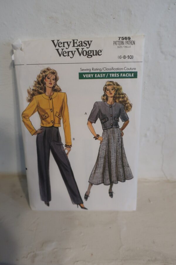 Vogue 7569 1980's Midi Skirt Pattern, Short Jacket Pattern & High Waist Pants -Very Easy Size 6 8 10 Bust 30.5 31.5 32.5 Uncut