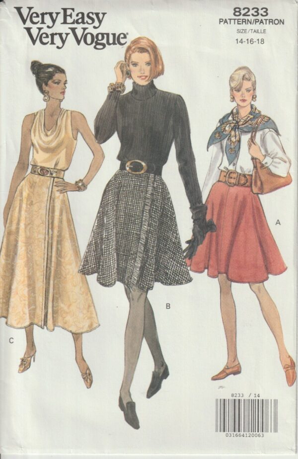 Vogue 8233 Very Easy Misses' Skirt, Flared Or Slightly Flared, Above Knee, Midi, Self Fringed, Wrap, 90's Sewing Pattern Size 14 16 18 Uncut