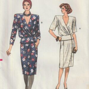 Vogue 9467 Misses Top & Skirt, Blouson Wrap Top, Front Pleats, Shaped Peplum, Straight 1980's Sewing Pattern Size 14, 16, 18 Uncut