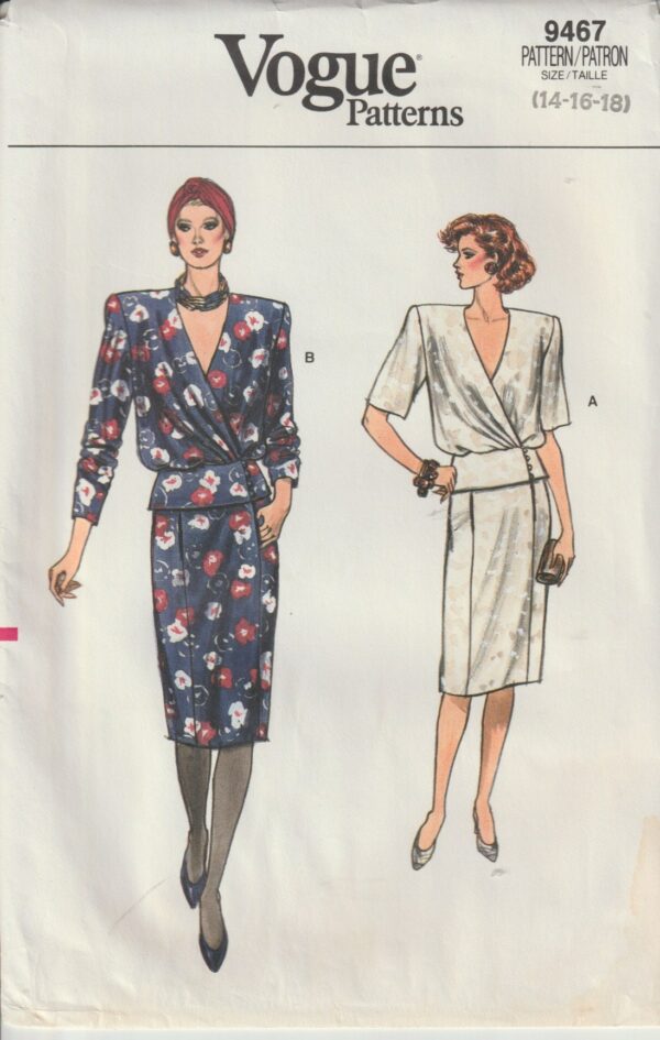 Vogue 9467 Misses Top & Skirt, Blouson Wrap Top, Front Pleats, Shaped Peplum, Straight 1980's Sewing Pattern Size 14, 16, 18 Uncut