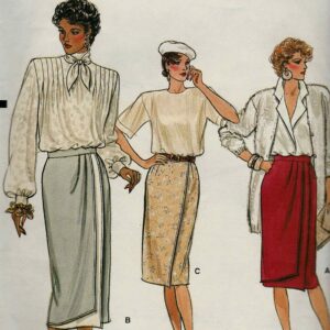 Vogue 9527 Set Of Mock Wrap Straight Skirts Fixed Waistband Front Pleated Overlay Contrast Back Zip Size 12-14-16 Uncut Sewing Pattern