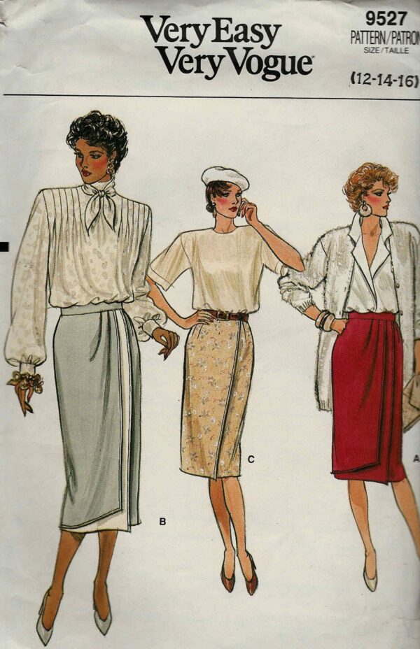 Vogue 9527 Set Of Mock Wrap Straight Skirts Fixed Waistband Front Pleated Overlay Contrast Back Zip Size 12-14-16 Uncut Sewing Pattern