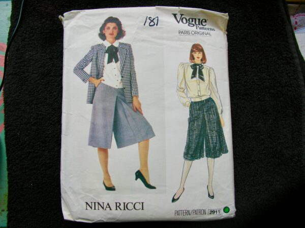 Vogue Nina Ricci Jacket Culottes Blouse Rare Size 12 | Cut But Complete With Instructions Pattern