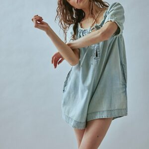 We The Free Daisy Denim Babydoll Romper at Free People in August Blue, Size: Medium