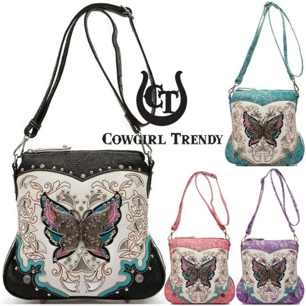 Western Style Butterfly Tooled Leather Women Cross Body Handbags Concealed Carry Purse Studded Single Shoulder Bag