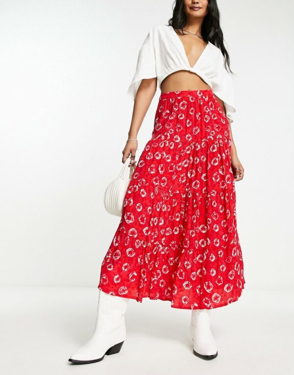 Whistles tie dye floral tiered midi skirt in red