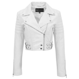 (White, 10) Womens Fitted Cropped Bustier Style Leather Jacket Amanda White