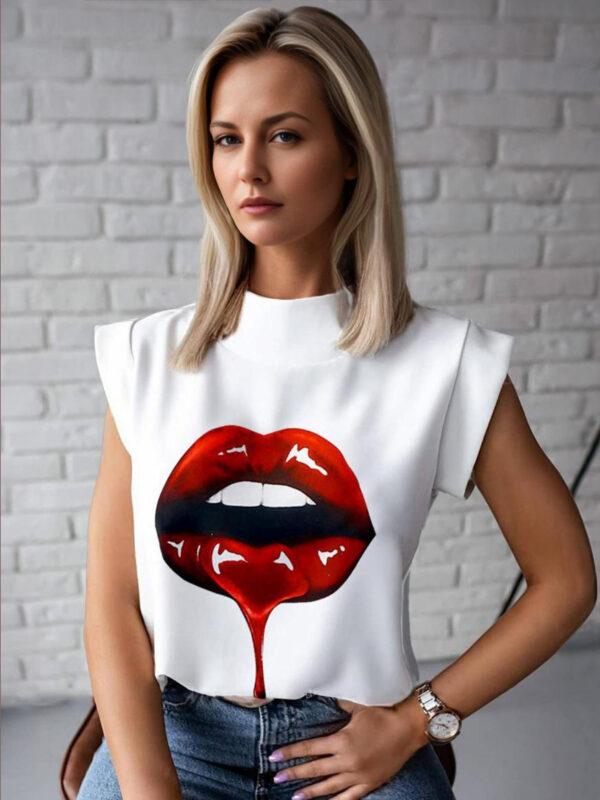 White Blouse For Women Jewel Neck Casual Short Sleeves Print Pattern Chiffon Sumer T-Shirt