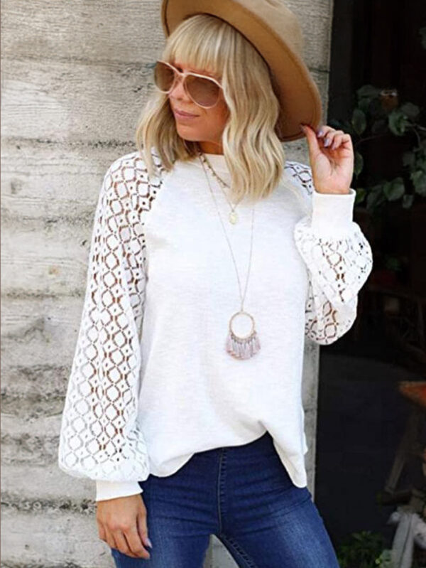 White Blouse For Women Long Sleeves Jewel Neck Cotton Casual T-Shirt