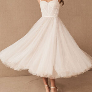 White Bridal Short Dress T-Length A-Line Sweetheart Pearls Spaghetti Straps Tea Length Dress