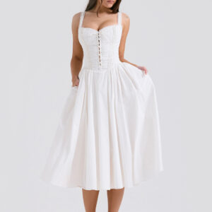 White Corset Dress Cutout Wide Strap Lace Trim Backless Party Midi Dresses