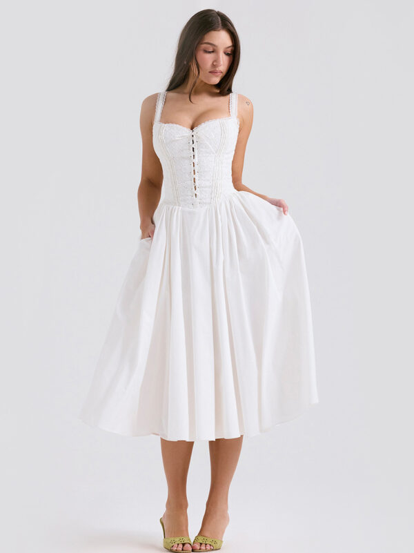 White Corset Dress Cutout Wide Strap Lace Trim Backless Party Midi Dresses