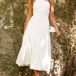 White Engagement Dress Halter Neck Sleeveless Backless Polyester Ankle Length A Line Engagement Dress