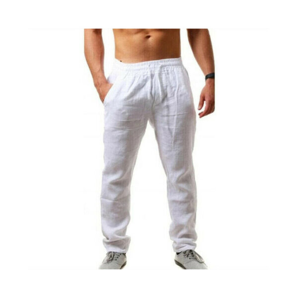 (White, L) Men Casual Cotton Linen Solid Pants Breathable Baggy Drawstring Yoga Trousers