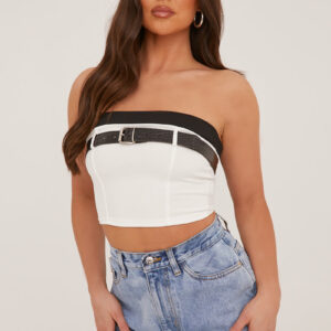 White Rib Knit Belt Detail Bandeau Cropped Top - Dela - Size 10