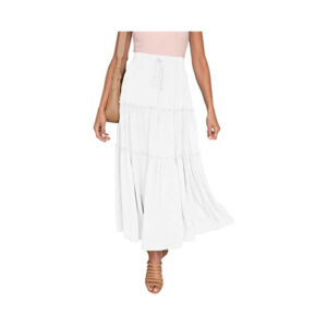 (White, S) Ladies Skirts Ruffle Midi Skirt Women Loose High Waist Vintage Casual Swing Boho