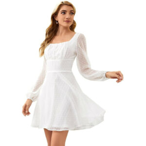 (White, S) Women Dot Mini Dress Long Sleeve Chiffon Dress Square Neck Knee Length Party Wear