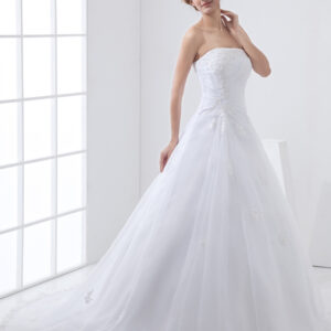 White Satin Wedding Dress Lace Strapless Beading Bridal Dress With Court Train