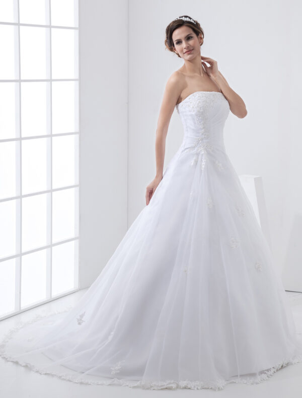 White Satin Wedding Dress Lace Strapless Beading Bridal Dress With Court Train