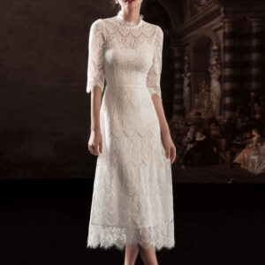 White Simple Wedding Dress A-Line Jewel Neck Half Sleeves Lace Tea Length Bridal Gowns