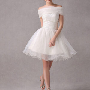 White Strapless A Line Beading Organza Tiered Short Wedding Dress