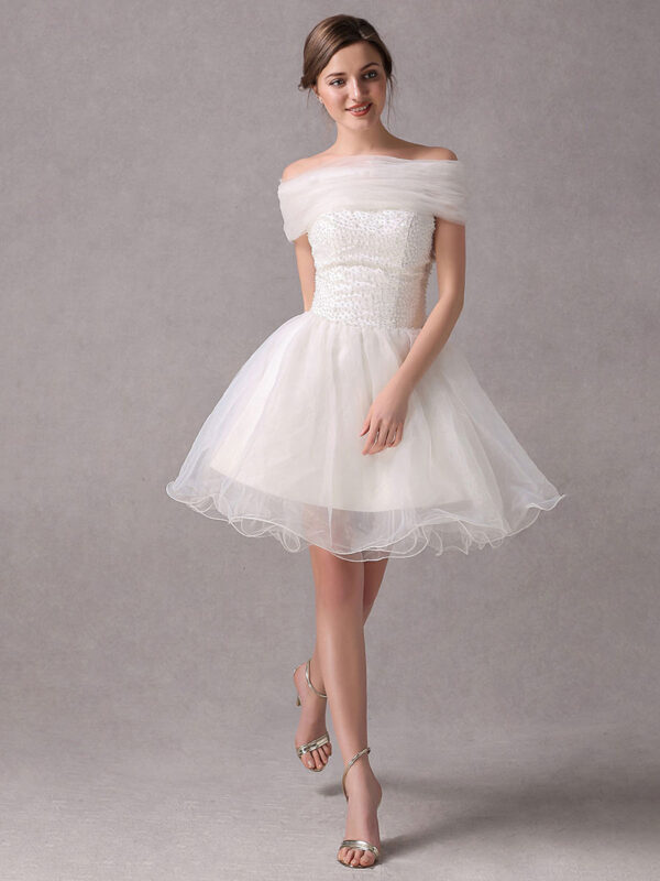 White Strapless A Line Beading Organza Tiered Short Wedding Dress