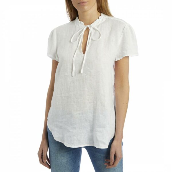 White Tie Neck Linen Blouse