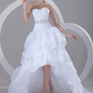 White Wedding Dress Strapless High Low Bridal Dress Rhinestones Beading Ruched Sweetheart Neckline Wedding Gown