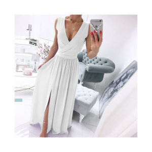 (White, XL) Women's Chiffon V Neck Evening Party Dress Side Split Ball Gown Bridesmaid Dress