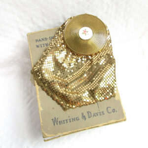 Whiting & Davis Gold Mesh Guilloche Rose Flower Compact Top Vintage Pouch Handbag - Original Manufacturer's Box Ad Piece