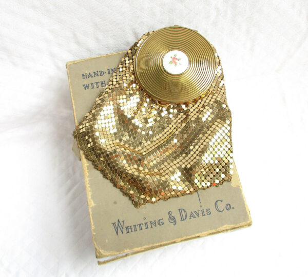 Whiting & Davis Gold Mesh Guilloche Rose Flower Compact Top Vintage Pouch Handbag - Original Manufacturer's Box Ad Piece