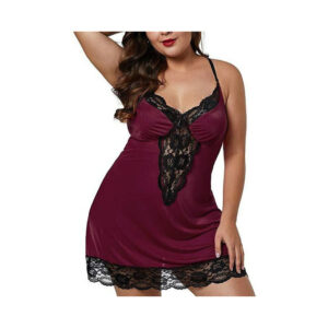 (Wine Red, XL) Women's sexy lace lingerie set pajamas dress