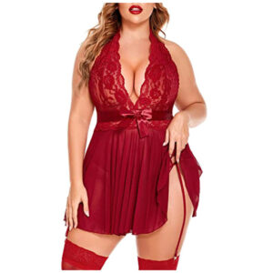 (Wine, XL) for WomenPlus Size Sexy Women Lace Halter Chemise Nightgown Temptation Underwear Nightdress+T-String Sleepwear Suit