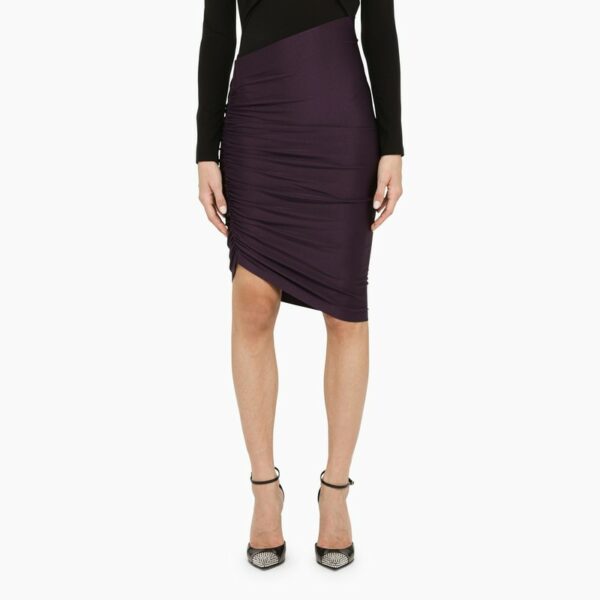 Wine-coloured asymmetrical stretch fabric pencil skirt