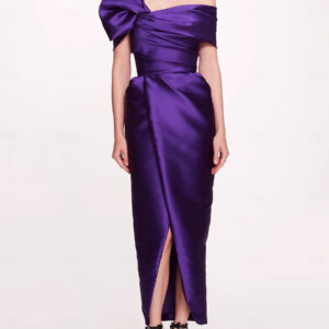 With Cocktail Dress Elegant Ankle-Length Sheath Off-The-Shoulder Pleated Satin Fabric