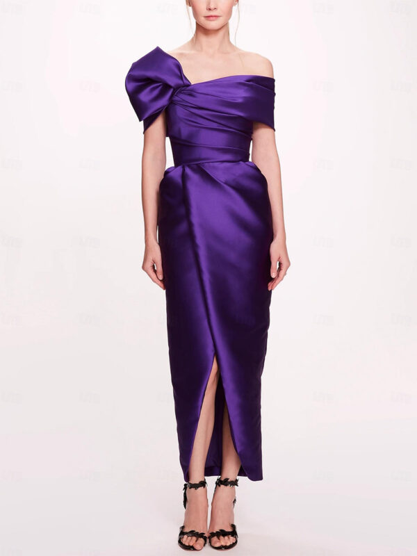 With Cocktail Dress Elegant Ankle-Length Sheath Off-The-Shoulder Pleated Satin Fabric