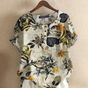 Women 100% Cotton O-Neck Loose Floral Casual Blouse