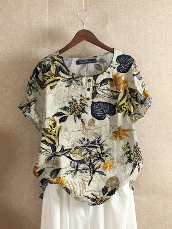 Women 100% Cotton O-Neck Loose Floral Casual Blouse