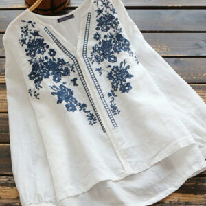 Women 100% Cotton V-Neck Embroidery Patterns Casual Loose Blouse