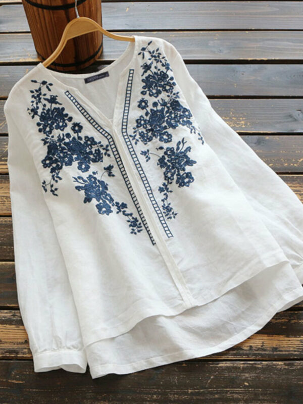 Women 100% Cotton V-Neck Embroidery Patterns Casual Loose Blouse