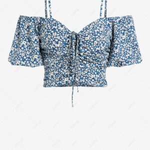 Women Blouses ZAFUL Women's Ditsy Floral Print Spaghetti Strap Lantern Sleeve Ruched Tie Crop Blouse M