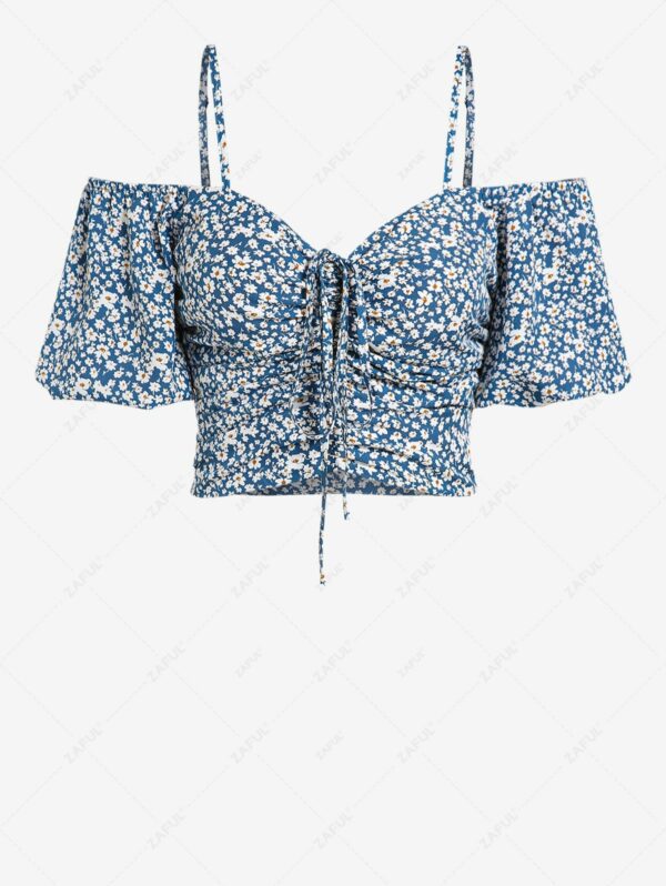 Women Blouses ZAFUL Women's Ditsy Floral Print Spaghetti Strap Lantern Sleeve Ruched Tie Crop Blouse M