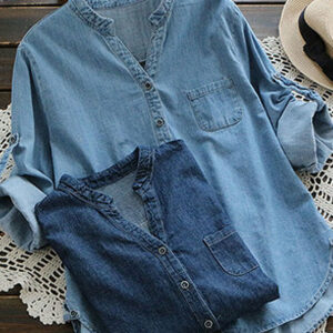 Women Casual Buttons Adjustable Sleeve Denim Blouse