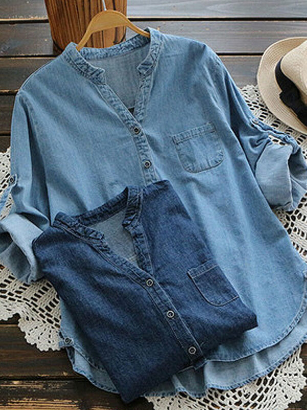 Women Casual Buttons Adjustable Sleeve Denim Blouse