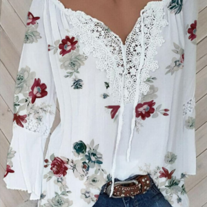 Women Casual Floral Spring Polyester V neck Micro-Elasticity Regular Fit Regular Regular Blouse