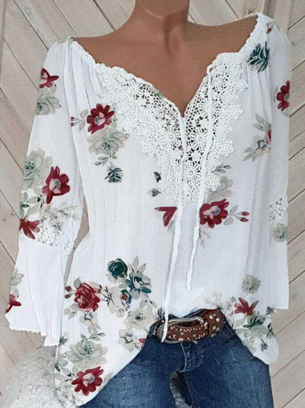 Women Casual Floral Spring Polyester V neck Micro-Elasticity Regular Fit Regular Regular Blouse