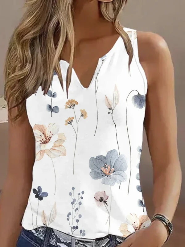 Women Casual Floral Summer No Elasticity Vacation Notched Regular H-Line Regular Tank Tops